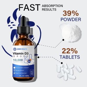 JiaBei Health Vitamin D3 Drops bottle, illustrating "FAST ABSORPTION RESULTS" compared to powder (39%) and tablets (22%). Ideal for wholesale Vitamin D3 Liquid Drops and private label immune support.