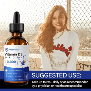 A bottle of JiaBei Health Vitamin D3 Drops with "SUGGESTED USE: Take up to 2ML daily or as recommended by a physician or healthcare specialist". A smiling woman in the background. Perfect for OEM Vitamin D3 drops and wholesale supplement distribution.
