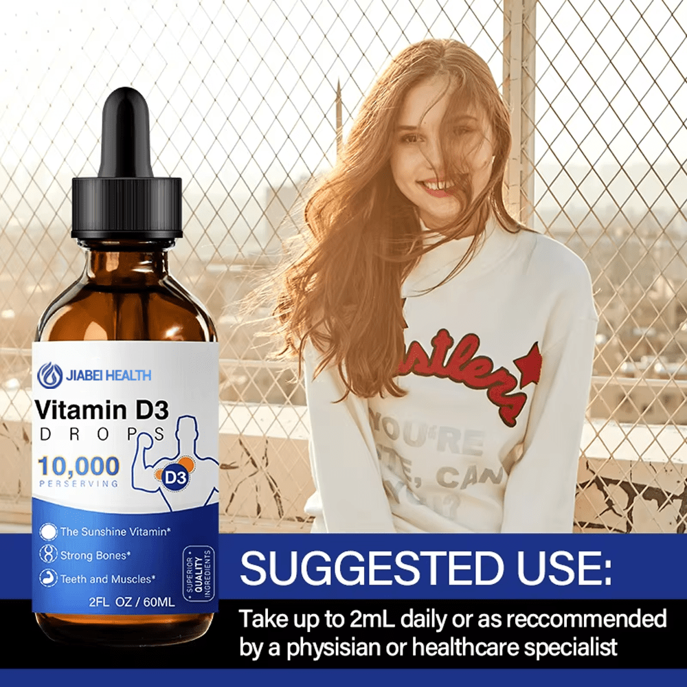 A bottle of JiaBei Health Vitamin D3 Drops with "SUGGESTED USE: Take up to 2ML daily or as recommended by a physician or healthcare specialist". A smiling woman in the background. Perfect for OEM Vitamin D3 drops and wholesale supplement distribution.