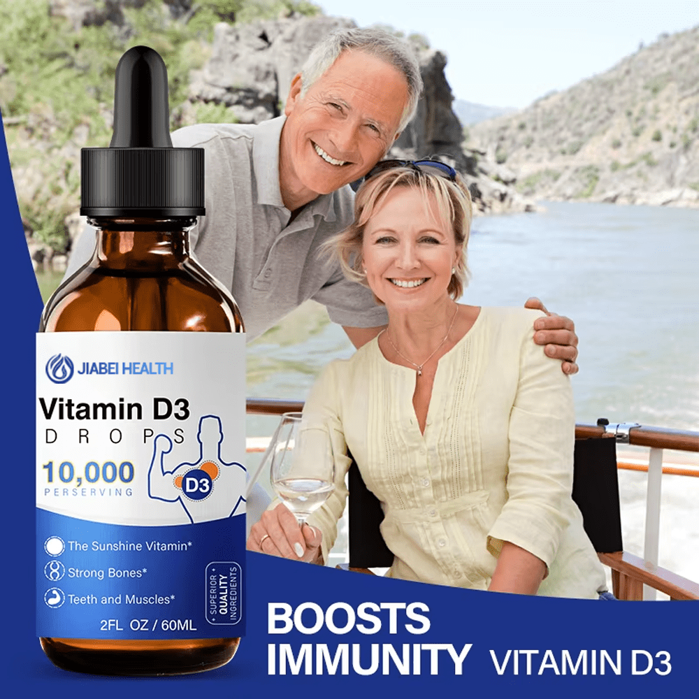 A bottle of JiaBei Health Vitamin D3 Drops alongside a happy couple on a boat. Text highlights "BOOSTS IMMUNITY" and "Vitamin D3". Emphasizes benefits for bone health, teeth and muscles. Relevant for Vitamin D3 liquid wholesale and nutraceutical brands.