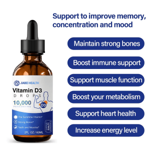A bottle of JiaBei Health Vitamin D3 Drops with a list of benefits: "Support to improve memory, concentration and mood", "Maintain strong bones", "Boost immune support", "Support muscle function", "Boost your metabolism", "Support heart health", "Increase energy level". Ideal for bulk Vitamin D3 drops and private label immune support supplements.