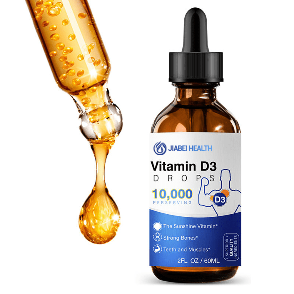 A bottle of JiaBei Health Vitamin D3 Drops, with a dropper dispensing the liquid. The label highlights "10,000 PER SERVING" and "Strong Bones", "Teeth and Muscles". Ideal for OEM/ODM Vitamin D3 supplement lines and Vitamin D3 wholesale.