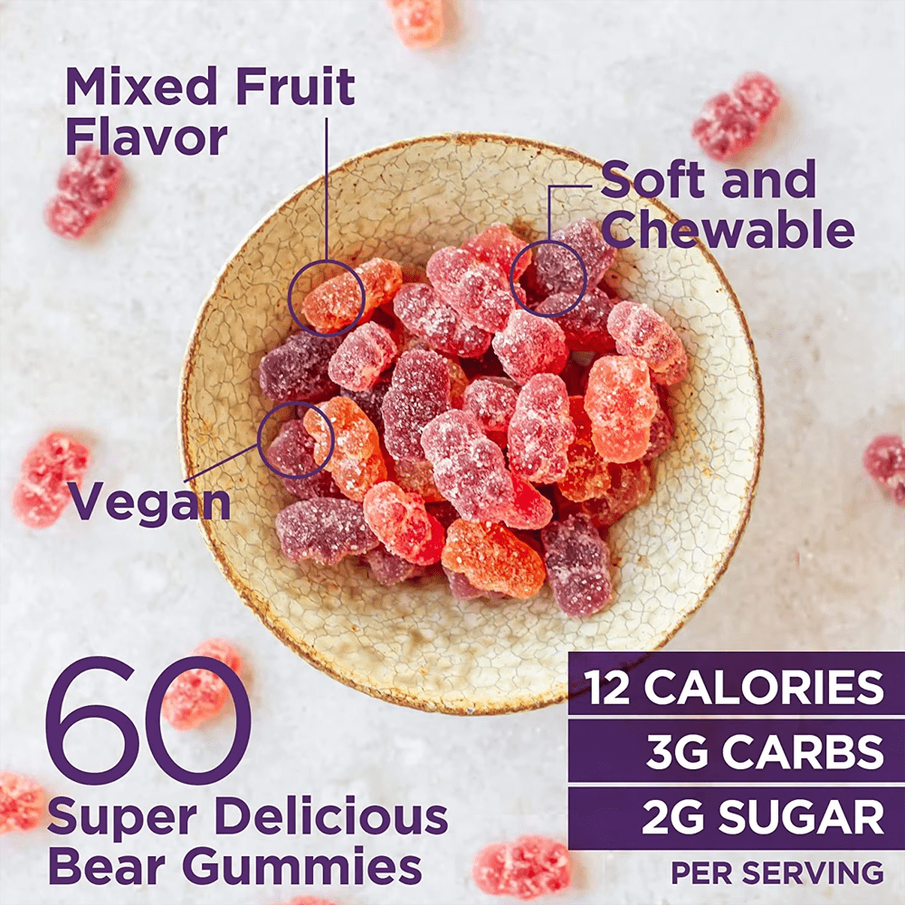 JiaBei Health Organic Functional Mushroom Gummies with Lion’s Mane, Reishi, and Cordyceps, featuring a mixed fruit flavor and a soft and chewy texture, vegan, with 60 delicious bear gummies.