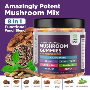 JiaBei Health Organic Functional Mushroom Gummies with Lion’s Mane, Reishi, Cordyceps, Turkey Tail, Shiitake, Maitake, Chaga, and Ashwagandha, highlighting an amazingly potent mushroom mix, 100% vegan and gluten-free.