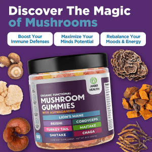 JiaBei Health Organic Functional Mushroom Gummies with Lion’s Mane, Reishi, and Turkey Tail, promoting boosted immune defenses, maximized mind potential, and rebalanced moods & energy.