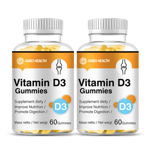JiaBei Health Vitamin D3 Gummies in a two-bottle display, featuring 60 gummies per bottle, designed to improve nutrition, promote digestion, and support strong bone and immune health.