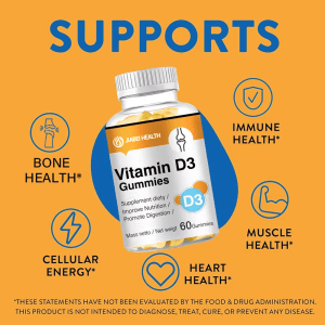 JiaBei Health Vitamin D3 Gummies supporting bone, immune, muscle, heart health, and cellular energy, ideal for wholesale.