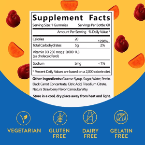 Supplement Facts for JiaBei Health Vitamin D3 Gummies, showing 10,000 IU (250 mcg) Vitamin D3 per gummy, suitable for wholesale.