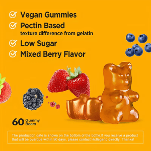 JiaBei Health Vitamin D3 Gummies are vegan, pectin-based, low sugar, and mixed berry flavored, with 60 gummy bears per bottle for wholesale.