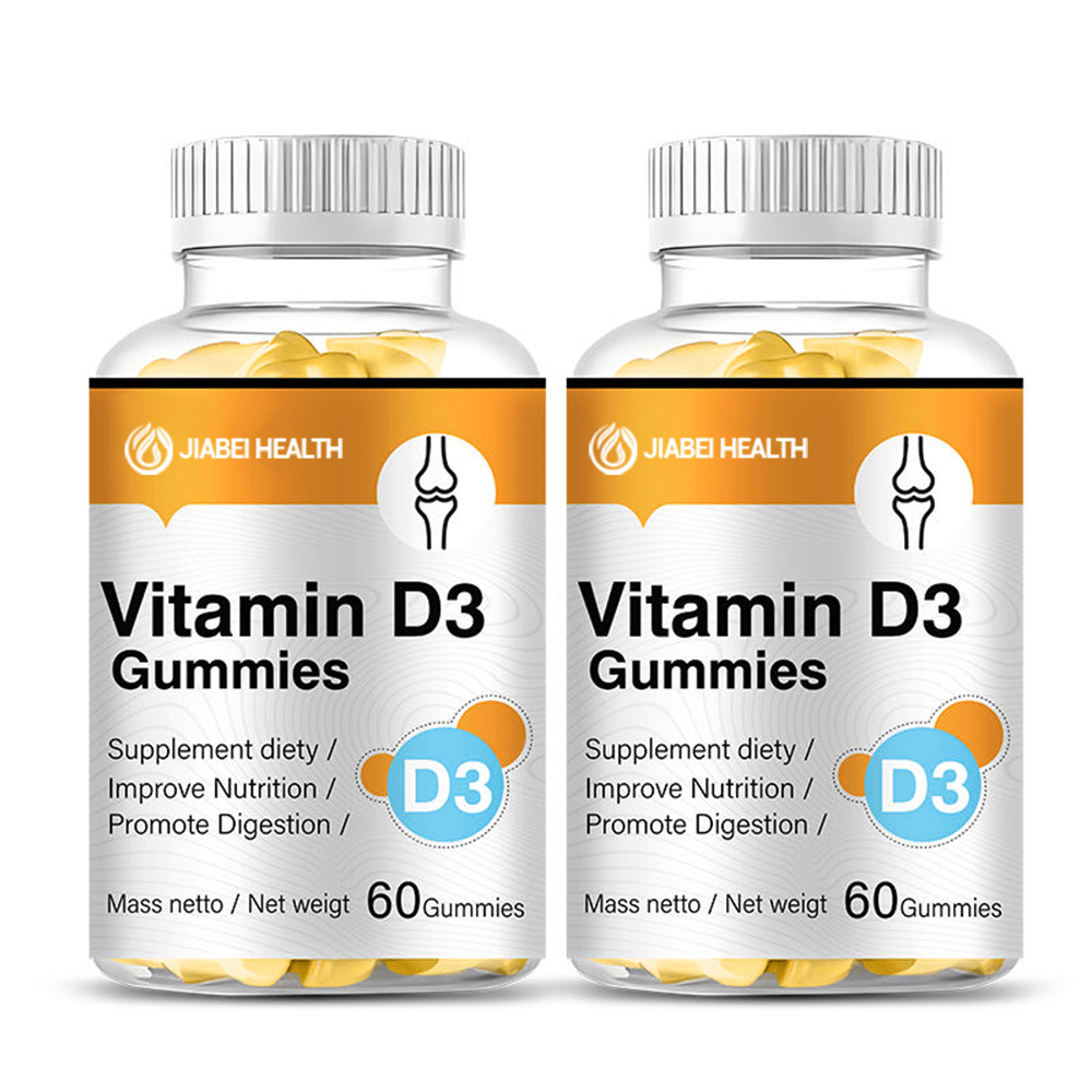 JiaBei Health Vitamin D3 Gummies in a two-bottle display, featuring 60 gummies per bottle, designed to improve nutrition, promote digestion, and support strong bone and immune health.
