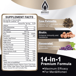 Supplement Facts for DHT Blocker Gummies showing 14-in-1 premium formula with Saw Palmetto, Biotin, and Resveratrol, for men and women.