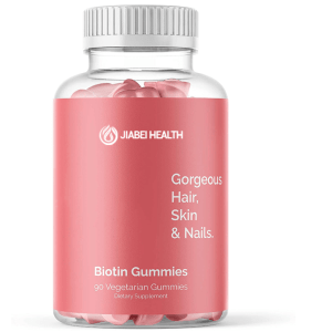 JiaBei Health Biotin Gummies bottle, promoting gorgeous hair, skin, and nails, 90 vegetarian gummies for wholesale.
