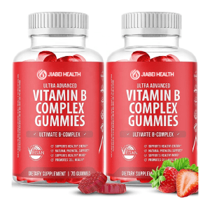 Twin bottles of JiaBei Health Ultra Advanced Vitamin B Complex Gummies, featuring ultimate B-complex, vegan, and supporting healthy energy, mood, and cell health for wholesale.