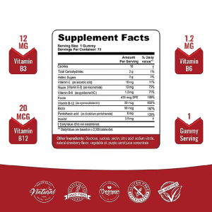 Supplement Facts panel for Ultra Advanced Vitamin B Complex Gummies, showing Vitamin B3, B6, B12, Folate, Biotin, and Pantothenic Acid, perfect for wholesale.