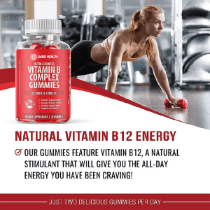 Ultra Advanced Vitamin B Complex Gummies promoting natural B12 energy for all-day vitality, shown with a person exercising, available for wholesale.