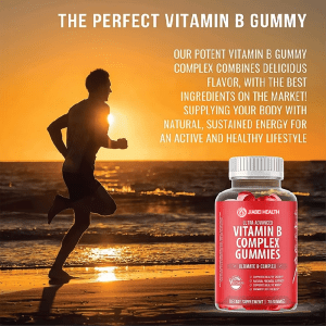 Ultra Advanced Vitamin B Complex Gummies promoting sustained energy for an active and healthy lifestyle, with a runner on the beach, ideal for wholesale.