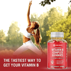 Ultra Advanced Vitamin B Complex Gummies highlighted as the tastiest way to get Vitamin B, with a woman doing yoga, suitable for private label.