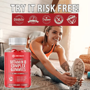Ultra Advanced Vitamin B Complex Gummies showing quality certifications: natural, GMO-free, organic, gluten-free, no additives, and vegan.