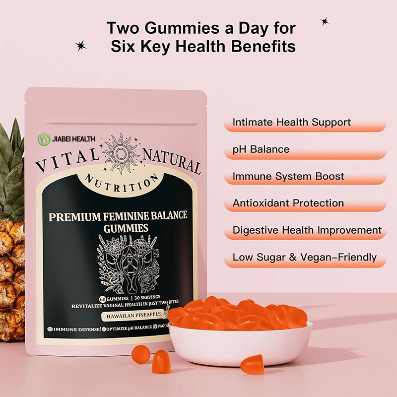 Infographic showing six benefits: digestive health, immune defense, pH optimization, vegan-friendly, low sugar, vaginal wellness