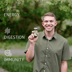 Three health benefit icons: Energy boost, digestive health, and immune support from organic superfood tablets
