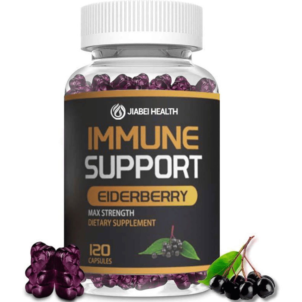 A clear bottle of JiaBei Health Max Strength Elderberry Immune Support Capsules, labeled "Immune Support Elderberry Max Strength Dietary Supplement" and "120 Capsules." Elderberry fruits are shown on the side. This premium Elderberry Immune Support product is offered by a GMP, ISO22000, HALAL, and KOSHER certified bulk provider, ideal for wholesale and private label opportunities.