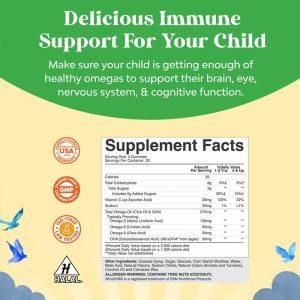 Nutrition label for vegan Omega-3 6 9 DHA gummies for kids showing ingredients, allergens, and serving size