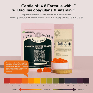 Science diagram of gentle pH 4.8 formula featuring probiotic Bacillus coagulans and Vitamin C for microbiome balance