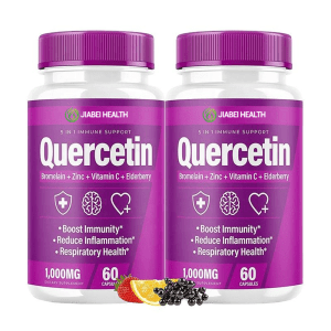 Two bottles of JiaBei Health Quercetin 5 in 1 Immune Support Capsules, labeled "Bromelain + Zinc + Vitamin C + Elderberry," highlighting "Boost Immunity," "Reduce Inflammation," and "Respiratory Health." Each bottle contains 1,000mg and 60 capsules. This premium Quercetin supplement is offered by a GMP, BRC, HACCP, FSSC22000, and Halal certified bulk provider, ideal for wholesale and private label opportunities.
