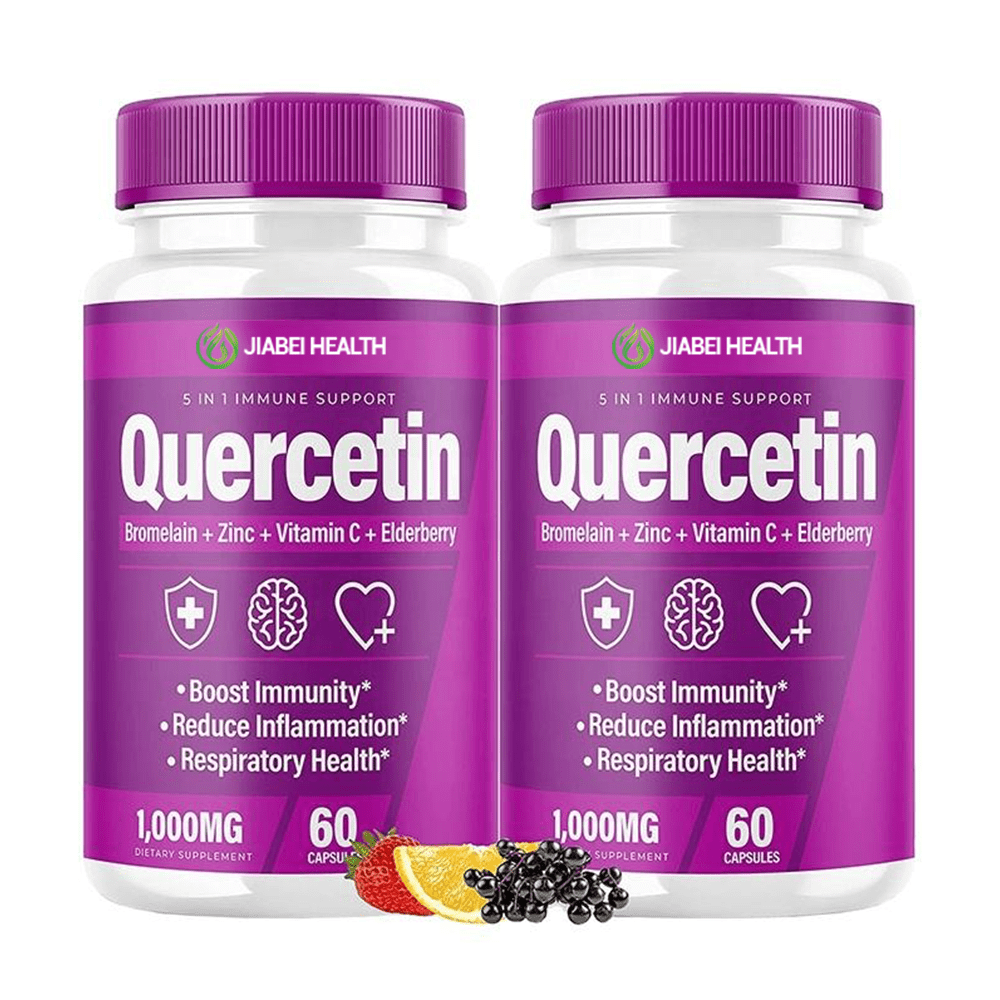 Two bottles of JiaBei Health Quercetin 5 in 1 Immune Support Capsules, labeled "Bromelain + Zinc + Vitamin C + Elderberry," highlighting "Boost Immunity," "Reduce Inflammation," and "Respiratory Health." Each bottle contains 1,000mg and 60 capsules. This premium Quercetin supplement is offered by a GMP, BRC, HACCP, FSSC22000, and Halal certified bulk provider, ideal for wholesale and private label opportunities.