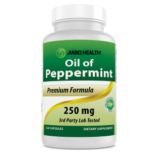 A white bottle of JiaBei Health Premium Oil of Peppermint Capsules, labeled "250 mg" and "3rd Party Lab Tested". A small "GMP Product" badge is visible. This high-quality Peppermint Oil supplement is offered by a GMP, BRC, HACCP, FSSC22000, and Halal certified bulk provider, ideal for wholesale and private label opportunities.