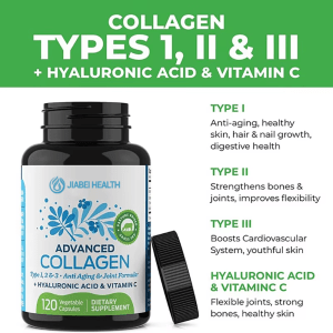 A bottle of JiaBei Health Advanced Collagen next to its cap, detailing the benefits of "COLLAGEN TYPES 1, II & III" including "Anti-aging," "Strengthens bones & joints," and "Boosts Cardiovascular System." Also highlights benefits of "HYALURONIC ACID & VITAMIN C" for "Flexible joints, strong bones, healthy skin."
