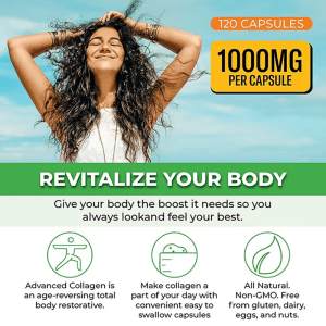 A vibrant image showing a happy woman with closed eyes and arms raised under a sunny sky, alongside text "REVITALIZE YOUR BODY." Product details "120 CAPSULES" and "1000MG PER CAPSULE" are visible, with icons indicating "Advanced Collagen is an age-reversing total body restorative," "convenient easy to swallow capsules," and "All Natural. Non-GMO. Free from gluten, dairy, eggs, and nuts."