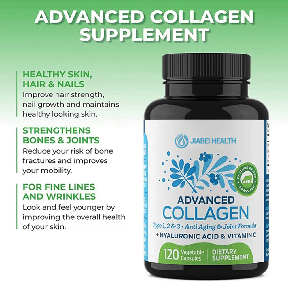 A bottle of JiaBei Health Advanced Collagen Supplement prominently featuring key benefits: "HEALTHY SKIN, HAIR & NAILS," "STRENGTHENS BONES & JOINTS," and "FOR FINE LINES AND WRINKLES." The bottle also indicates "120 Vegetable Capsules" and "PASTURE RAISED GRASS FED."