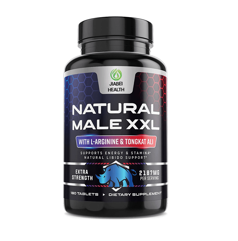 A black bottle of JiaBei Health Natural Male XXL Tablets, labeled "with L-Arginine & Tongkat Ali," "Supports Energy & Stamina," "Natural Libido Support," "Extra Strength," and "2187mg Per Serving". The bottle contains 180 tablets. This premium male enhancement supplement is offered by a GMP, BRC, HACCP, FSSC22000, and Halal certified bulk provider, ideal for wholesale and private label opportunities.