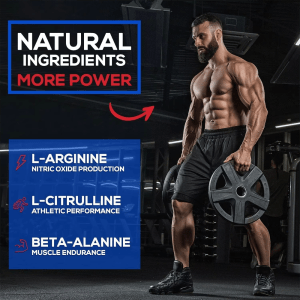 A muscular man in a gym, alongside a graphic highlighting Natural Male XXL Tablets ingredients L-Arginine for nitric oxide, L-Citrulline for athletic performance, and Beta-Alanine for muscle endurance, promoting more power.