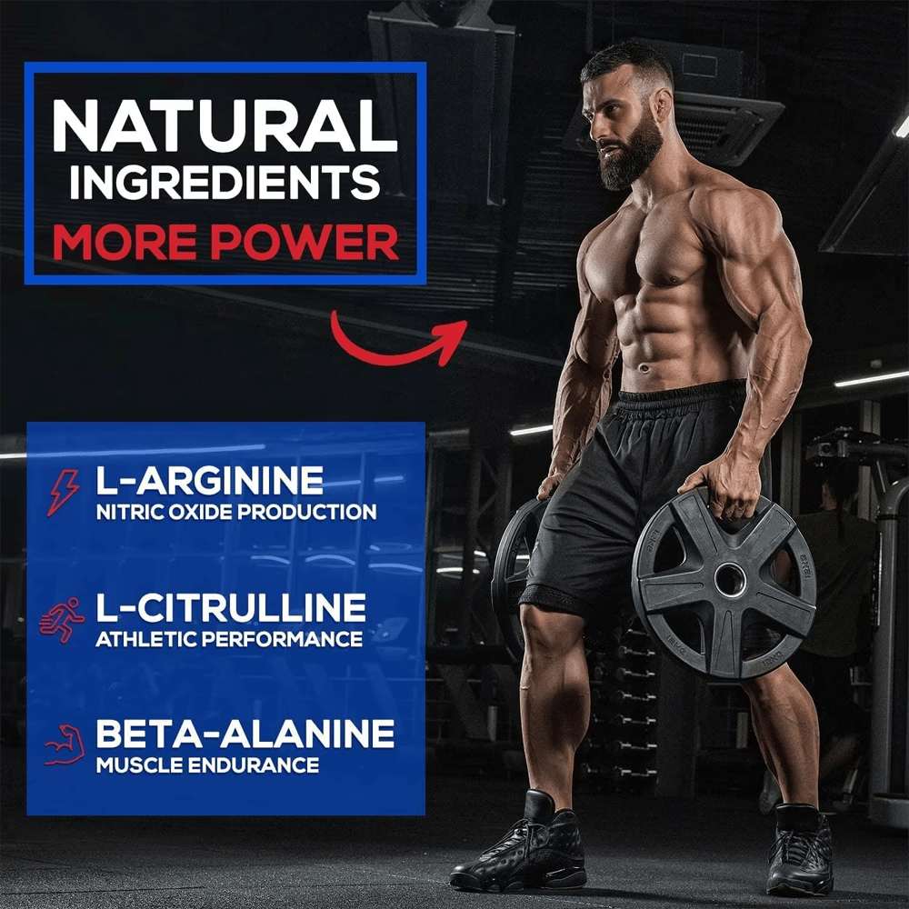 A muscular man in a gym, alongside a graphic highlighting Natural Male XXL Tablets ingredients L-Arginine for nitric oxide, L-Citrulline for athletic performance, and Beta-Alanine for muscle endurance, promoting more power.