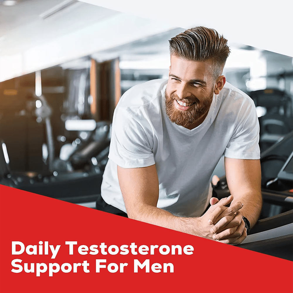 A smiling man in a gym, representing "Daily Testosterone Support For Men," highlighting the benefits of Natural Male XXL Tablets for male vitality.