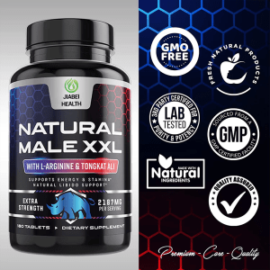 JiaBei Health Natural Male XXL Tablets bottle accompanied by quality icons: GMO Free, Fresh Natural Products, 3rd Party Lab Tested for Purity & Potency, Sourced from a GMP Certified Facility, and Made with Natural Ingredients, emphasizing Premium-Care-Quality.