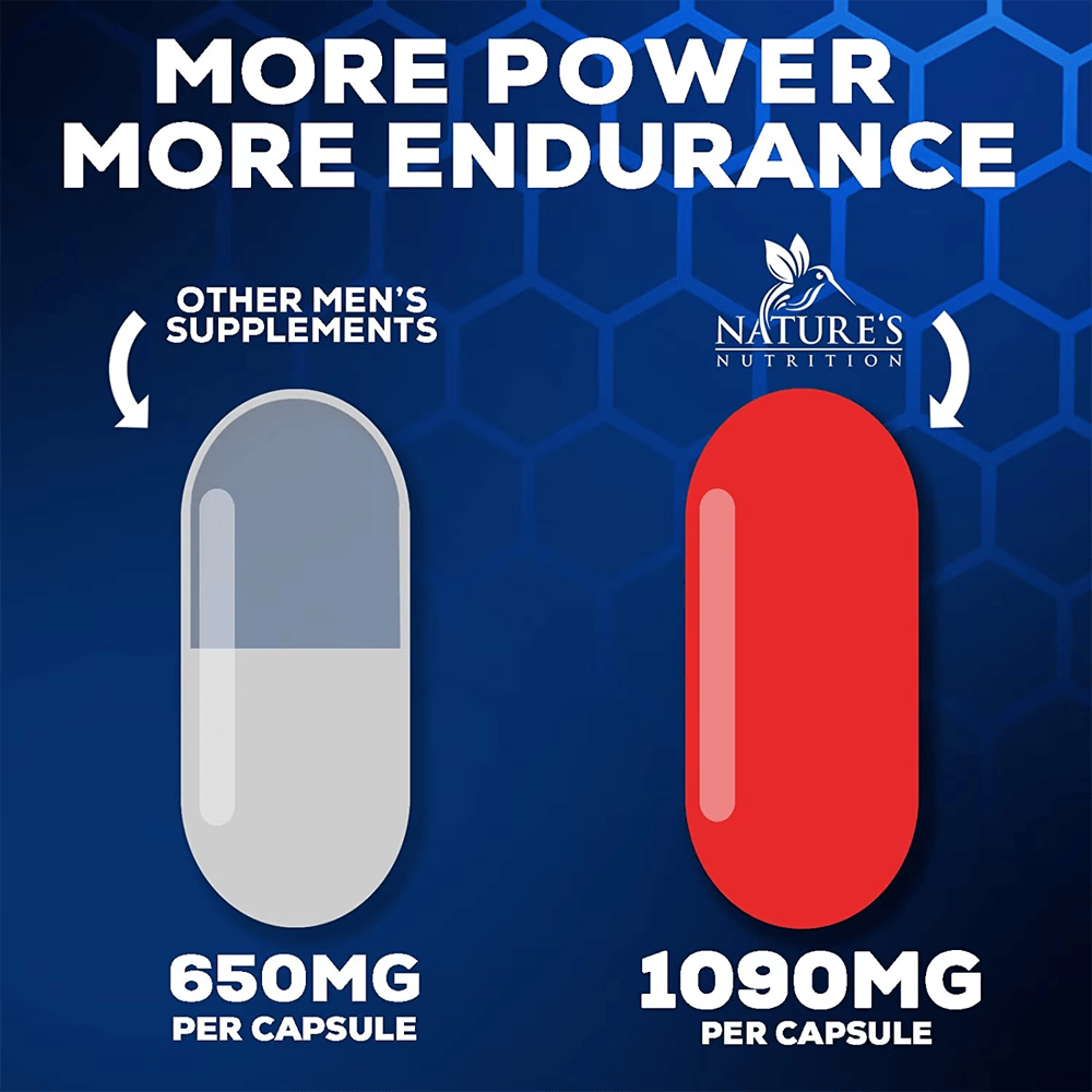 An infographic comparing Natural Male XXL (red capsule, 1090mg per capsule) to "Other Men's Supplements" (grey capsule, 650mg per capsule), illustrating "More Power More Endurance" through higher potency.