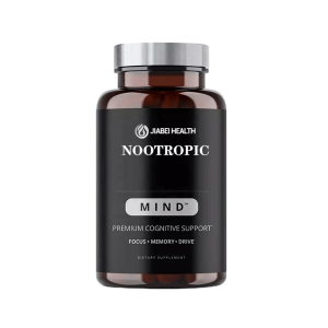 A brown bottle of JiaBei Health Nootropic Mind Capsules, labeled "Premium Cognitive Support" for Focus, Memory, and Drive, as a Dietary Supplement.