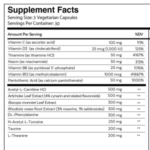 Supplement Facts panel for JiaBei Health Nootropic Mind Capsules, detailing ingredients per serving including various B Vitamins, Acetyl-L-Carnitine HCl, Artichoke Leaf Extract, Bacopa Monnieri, Rhodiola Rosea, and other beneficial compounds for cognitive support.