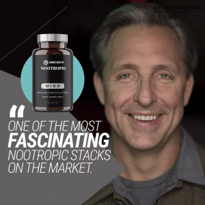 A man smiling next to a bottle of JiaBei Health Nootropic Mind Capsules, with a quote stating "ONE OF THE MOST FASCINATING NOOTROPIC STACKS ON THE MARKET." highlighting premium cognitive support.