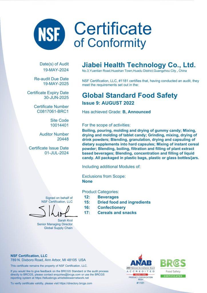 JiaBei Health's BRCGS Global Standard Food Safety certificate, demonstrating adherence to international food safety and quality management for nutraceutical manufacturing.