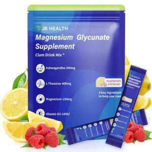 Magnesium Glycinate Supplement by JB Health - Raspberry Lemonade Drink Mix with Ashwagandha, L-Theanine, Magnesium & Vitamin D3