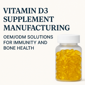 A transparent bottle filled with yellow Vitamin D3 softgels, next to text promoting OEM and ODM supplement manufacturing solutions for immunity and bone health.