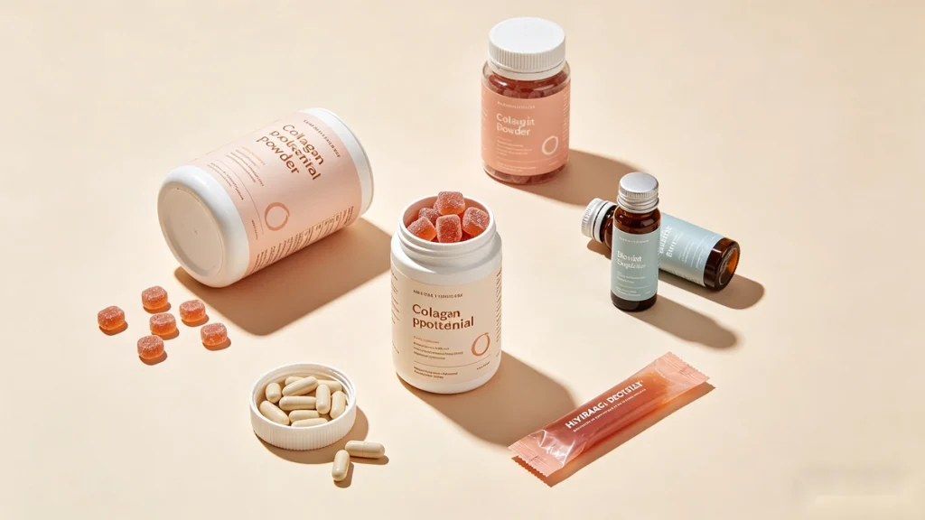 Natural beauty supplements collection including collagen powder, beauty gummies, biotin capsules and hyaluronic acid drink on minimalist neutral background