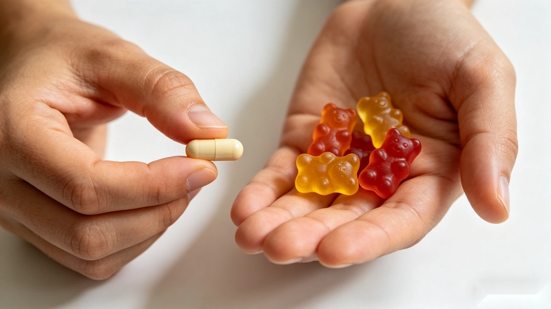Side-by-side comparison of a men's health formula in capsule form and gummy form, showing the difference in size and dosage carrying capacity