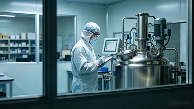 Technician in cleanroom suit documenting pilot-scale collagen manufacturing process, representing formulation development and scale-up.