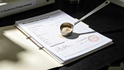 Close-up of a Certificate of Analysis and batch record on a lab bench with a sampling spoon of collagen powder, representing quality control and compliance documentation.