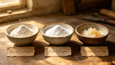 Bovine collagen powder, marine collagen powder, and chicken sternum cartilage in ceramic bowls, comparing collagen source options for supplement brands.
